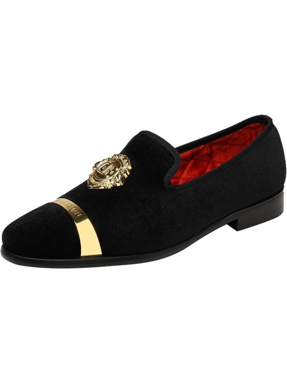 ELANROMAN Men's Black Velvet Loafers Dress Gold Buckle Wedding Party Prom Shoes